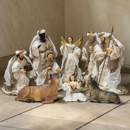 Nacimiento completo con ropa de tela color terracota 25cm Santini