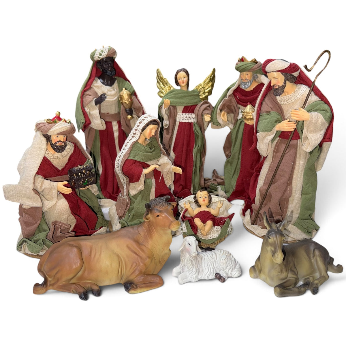 Nacimiento completo con ropa de tela color navidad 25cm Santini